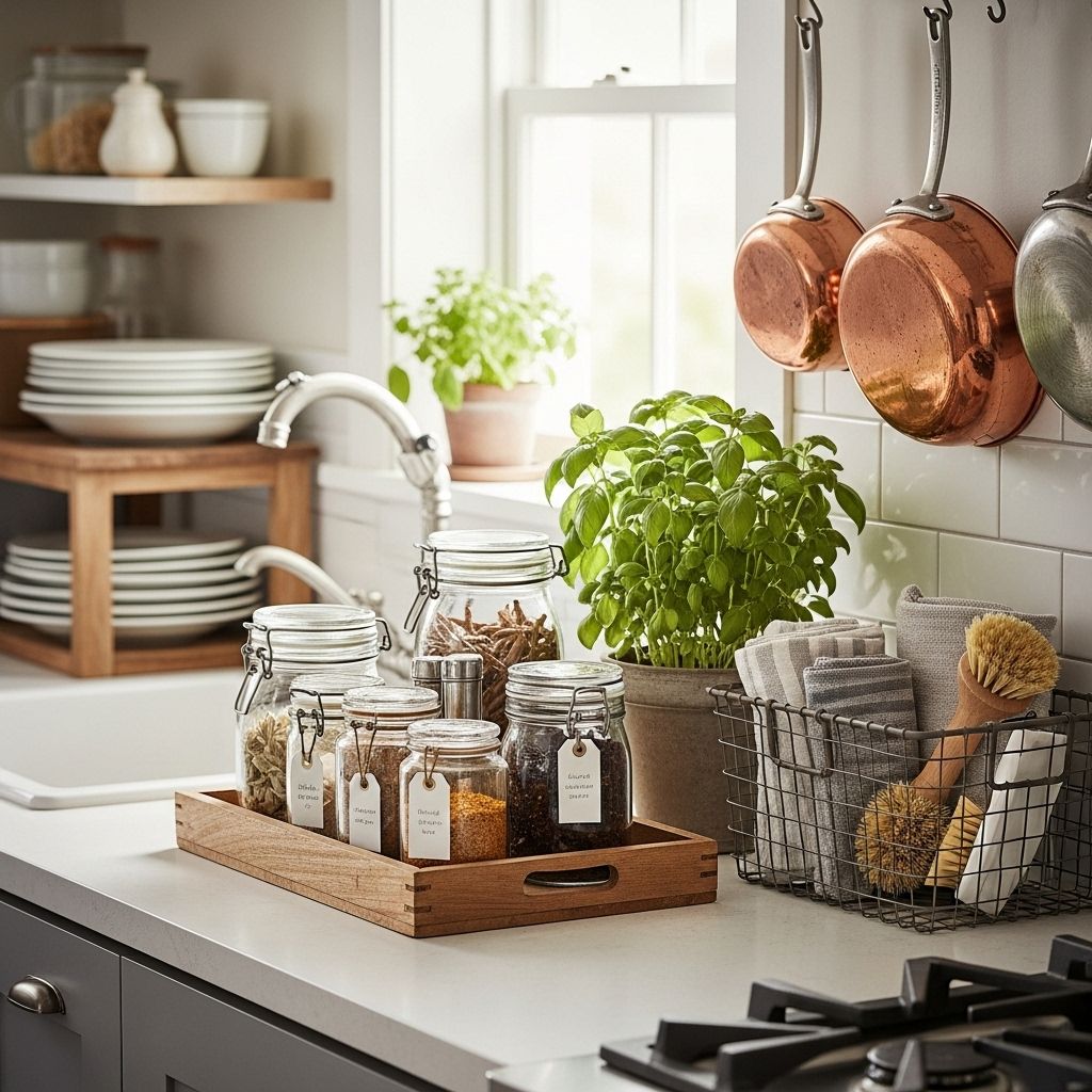 Group essentials by zone and use stylish containers to boost efficiency and warmth.