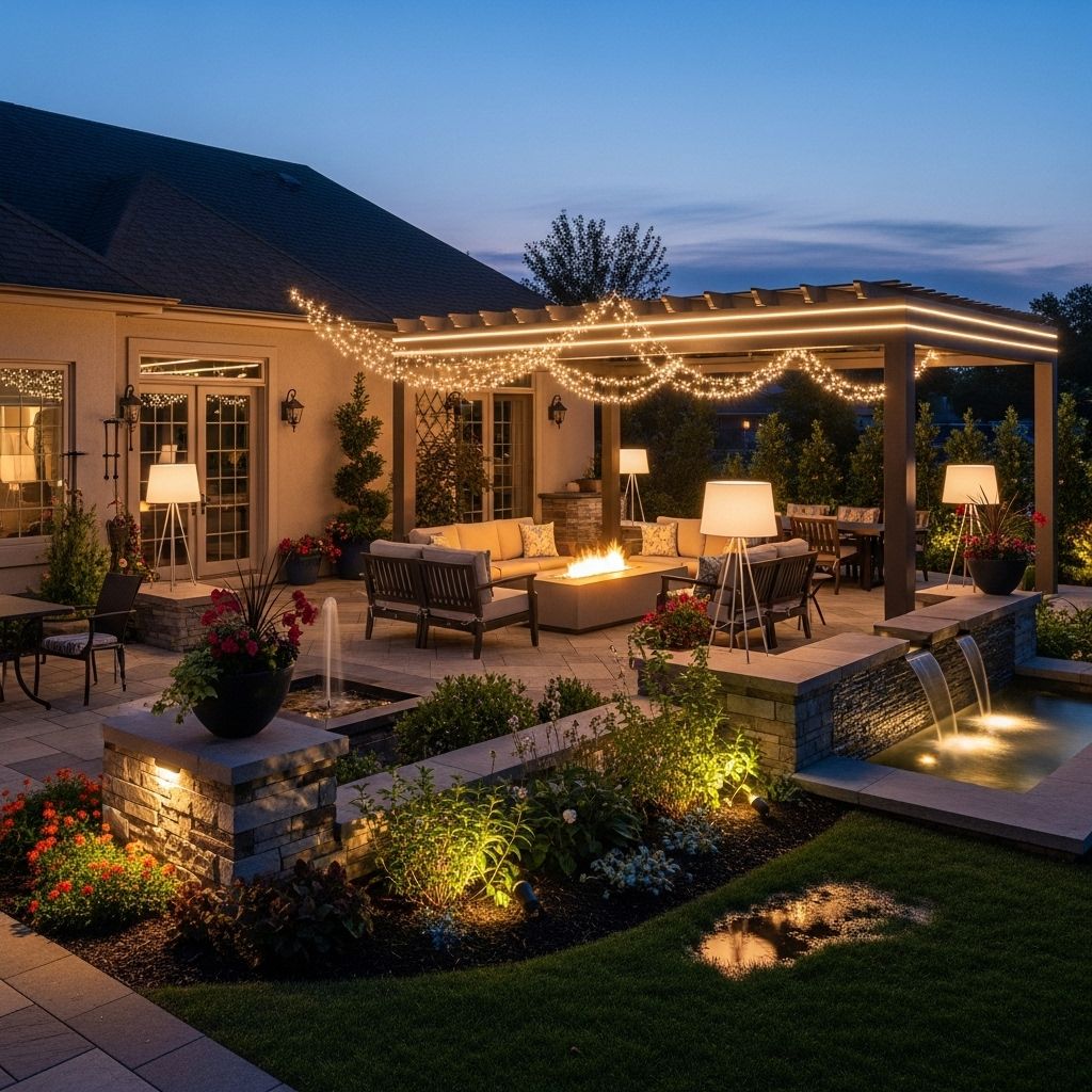 Illuminate pathways and gatherings with mixed fixtures that balance function and warmth.