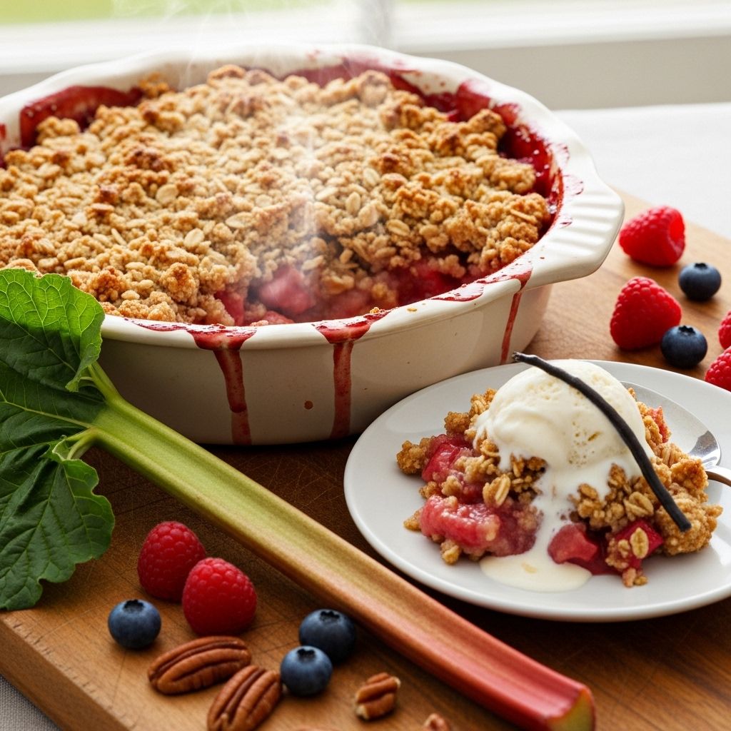 Buttery oats and pecans form a crunchy topping to balance tart stalks with sweet berries.