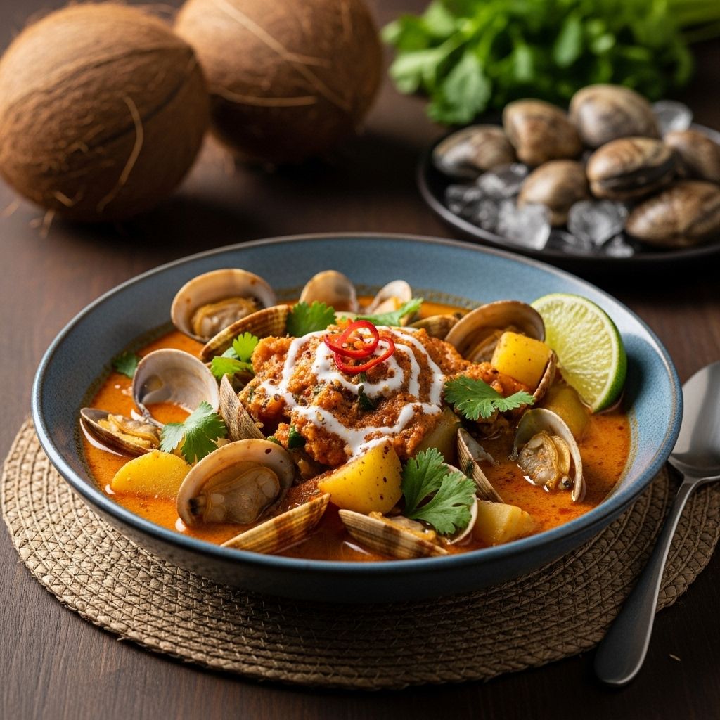 Aromatic curry depths meet briny shellfish in a creamy broth for a cozy meal.