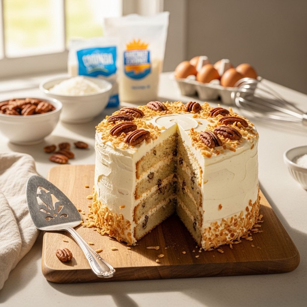 A tender coconut and pecan cake layered with creamy frosting for Southern charm.