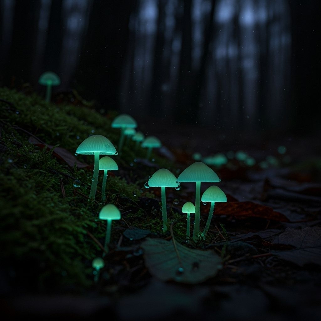 Unveiling the mystery of glowing mushrooms: Where nature’s nightlights illuminate the forest floor.