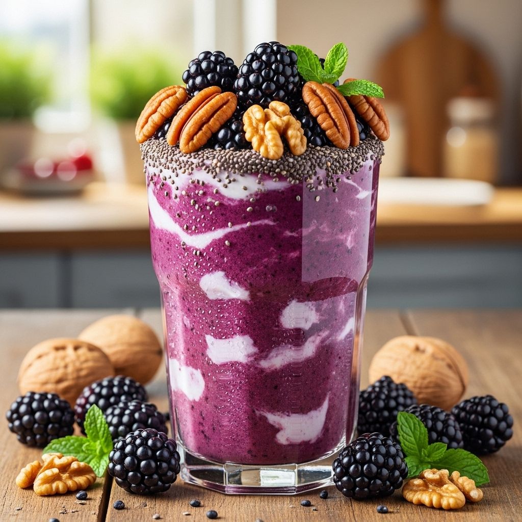 Discover the ultimate blend of blackberries and nuts in a protein-rich smoothie that fuels your day and delights your taste buds.