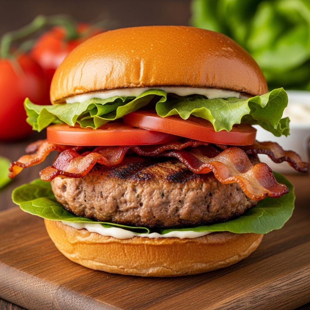 Smoky bacon and garden-fresh layers transform lean patties into a crowd-pleasing meal.