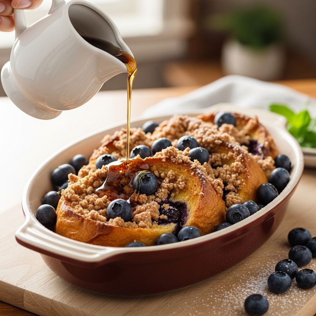 Wake up to tender, custardy bread with a buttery topping and bursts of sweet flavor.