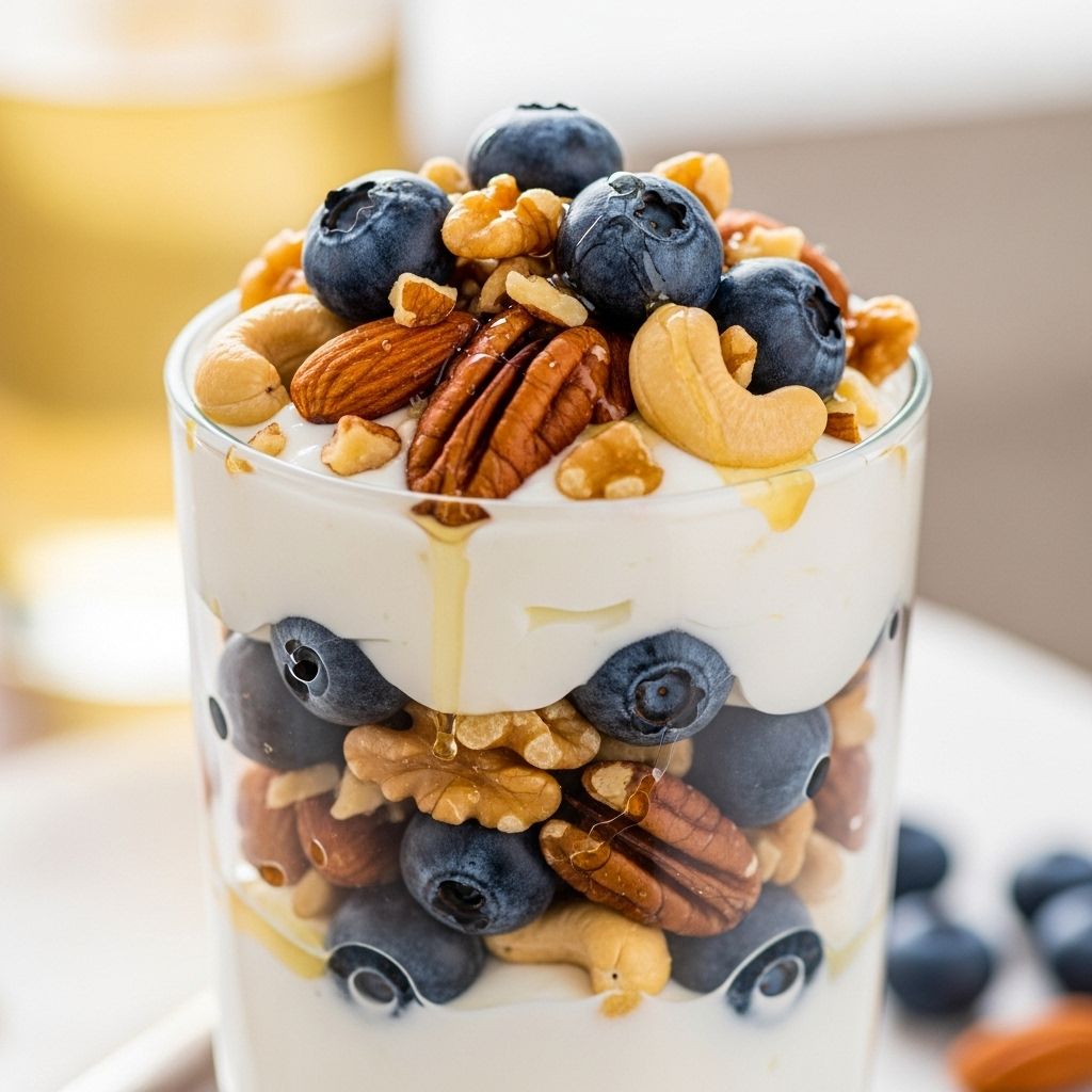 Experience a protein-packed parfait bursting with blueberries, mixed nuts, and creamy yogurt for a vibrant, healthy start to your day.