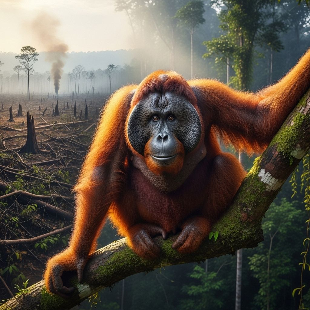 The Bornean orangutan's survival hangs in the balance due to critical threats like deforestation, fires, and illegal hunting.
