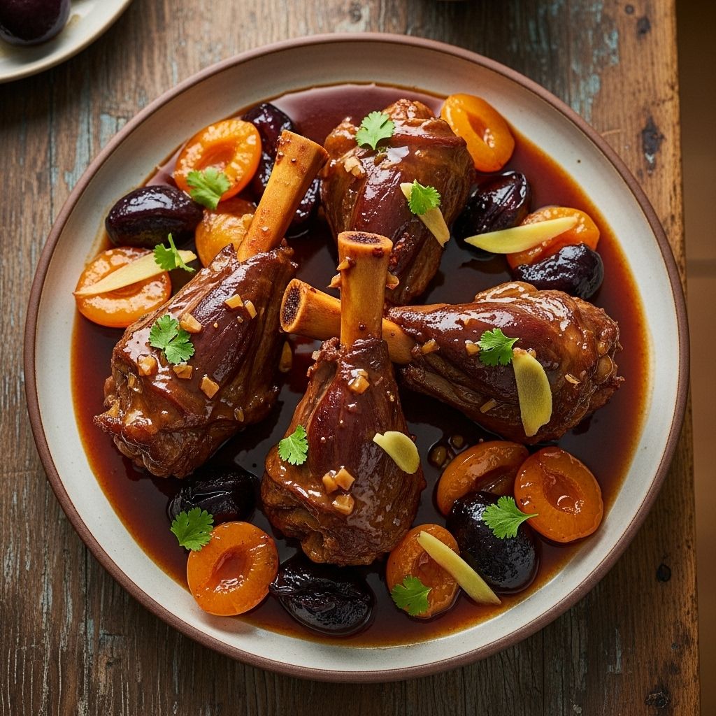 Braised Lamb Shanks with Plums, Apricots, and Ginger: A Fragrant Tagine Spice-infused stew of tender meat and dried fruit brings cozy, richly layered flavors.