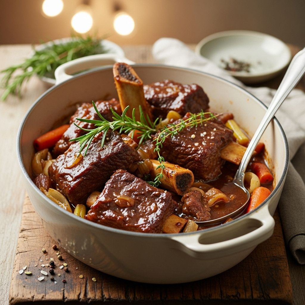 Savory short ribs slow-cooked to perfection in a wine-infused sauce.