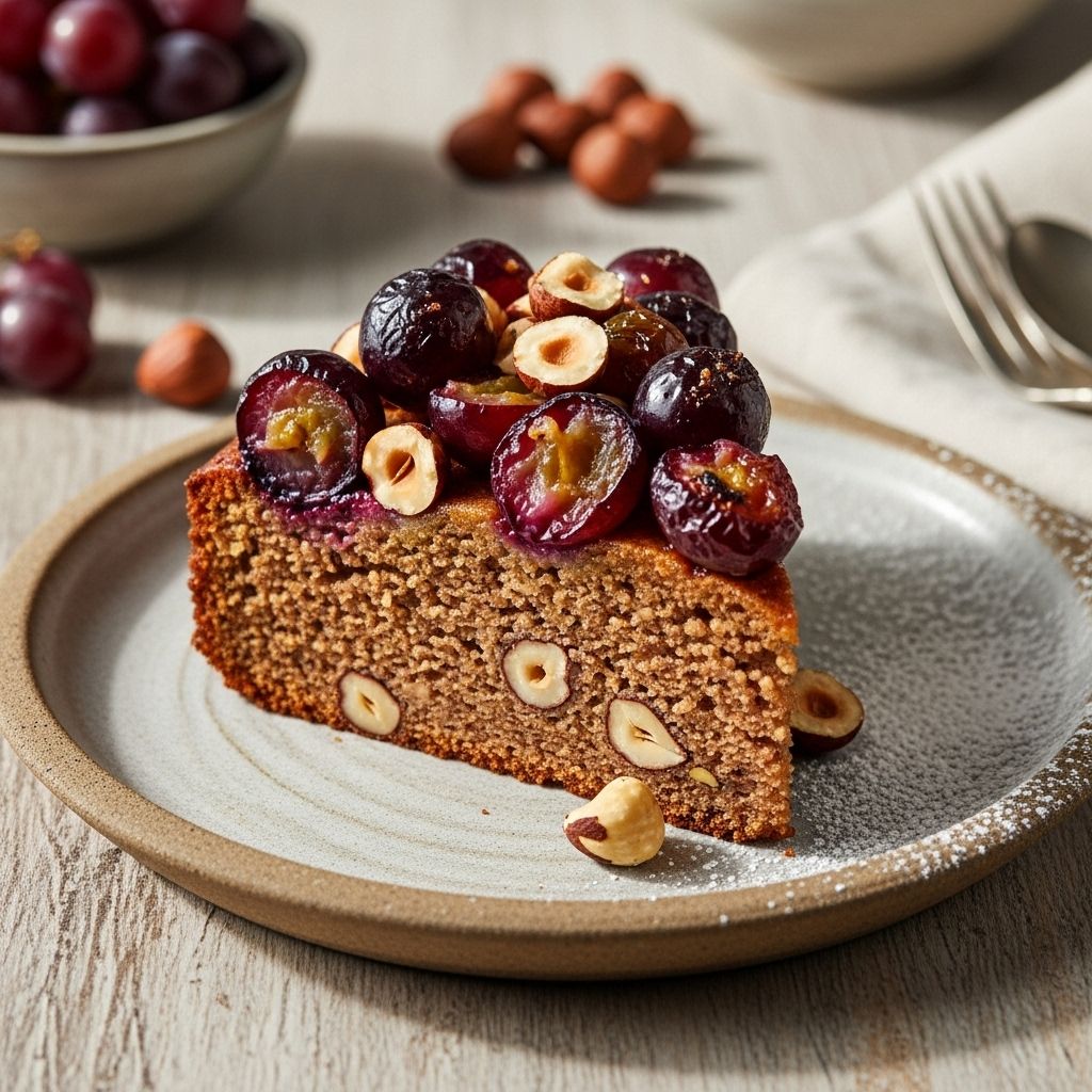 A wholesome, protein-rich breakfast cake featuring roasted grapes, crunchy hazelnuts, and plant-based ingredients for a nourishing start to your day.