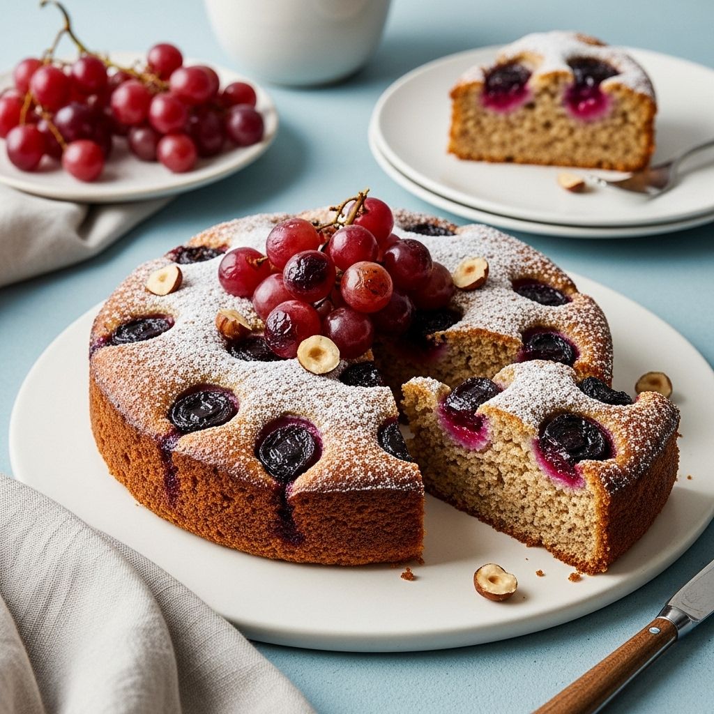 Experience the magic of a protein-rich breakfast cake topped with roasted grapes and crunchy hazelnuts—vegan, delicious, and heart-healthy.