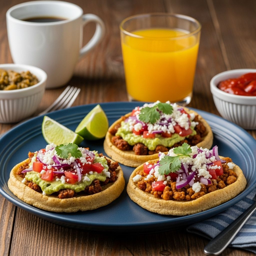 A crisp masa base loaded with savory toppings brings authentic Mexican flair to your day.