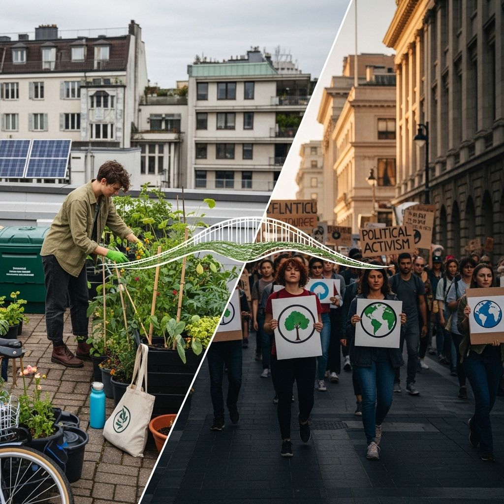 Exploring the role, friction, and unity between lifestyle choices and political action in the fight for a sustainable future.