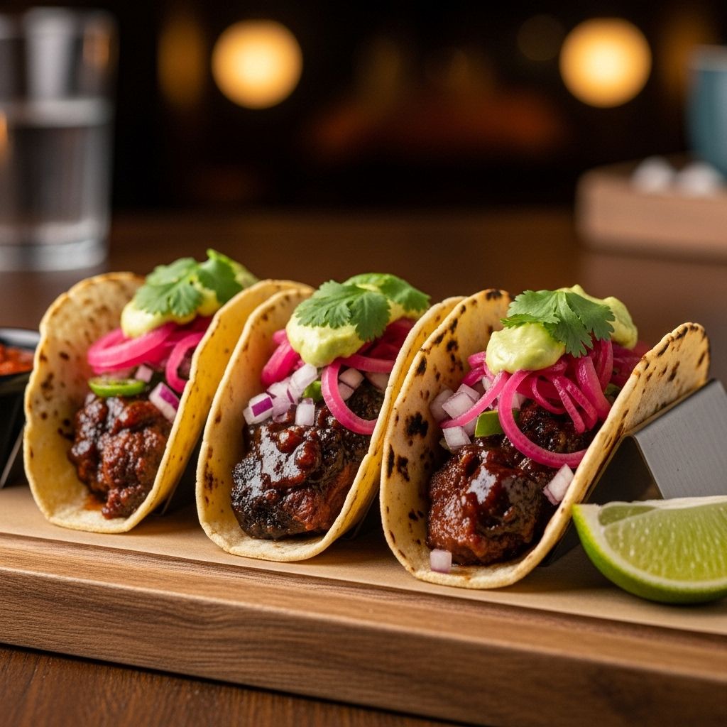 Tender beef simmered in chipotle-ginger sauce meets zesty pickled onions and garnishes.
