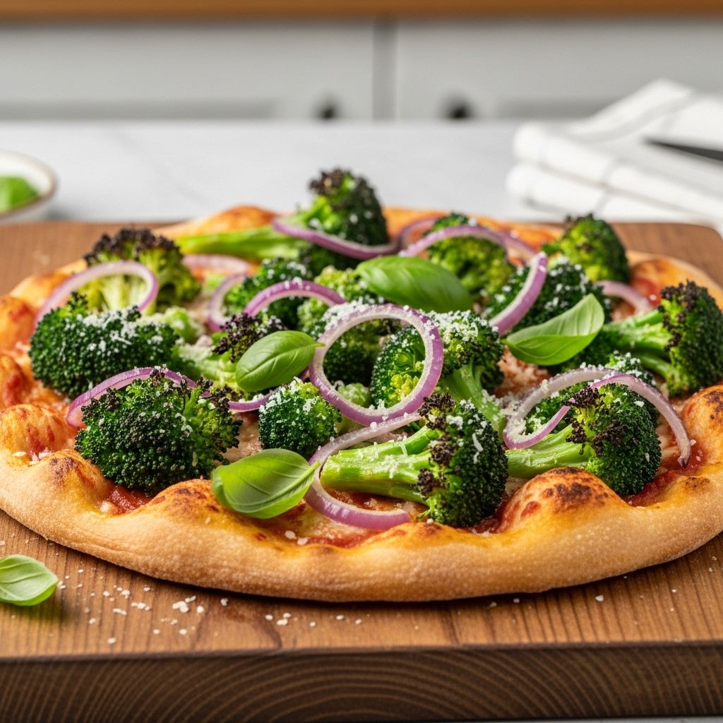 A vibrant, quick-cooking flatbread topped with broccoli, red onion, and aged provolone for a weeknight meal bursting with flavor and nutrition.