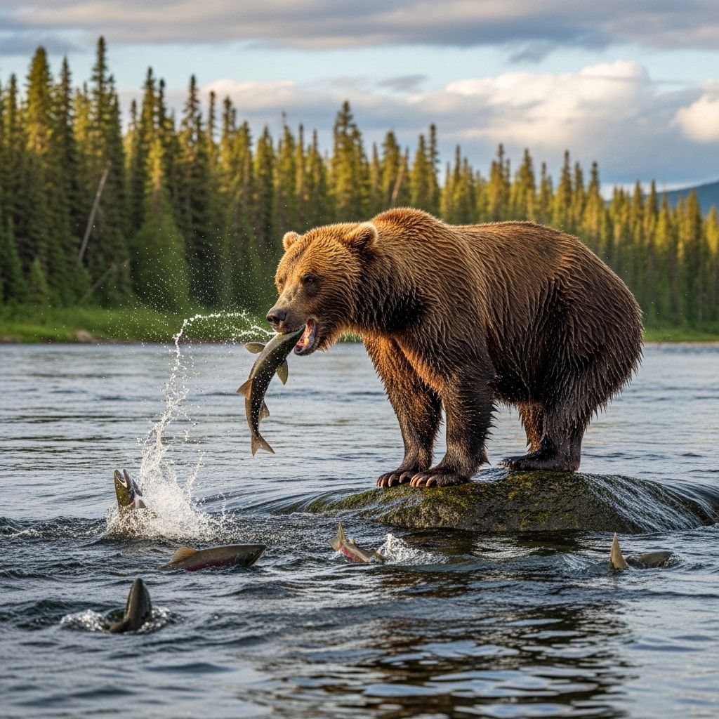 Brown Bears at Brooks River: The Salmon Feast of Katmai Witness the awe-inspiring spectacle of brown bears feeding on salmon at Brooks Falls in Katmai National Park, one of nature’s greatest wild shows.