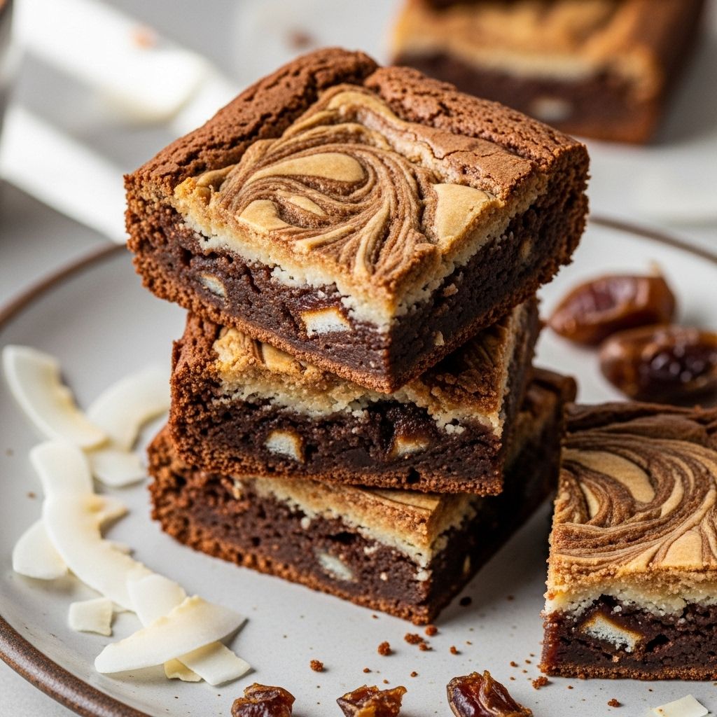 Indulge in rich, fudgy brownies enhanced by a luscious coconut-date swirl—free of added sugar and full of nourishing ingredients.