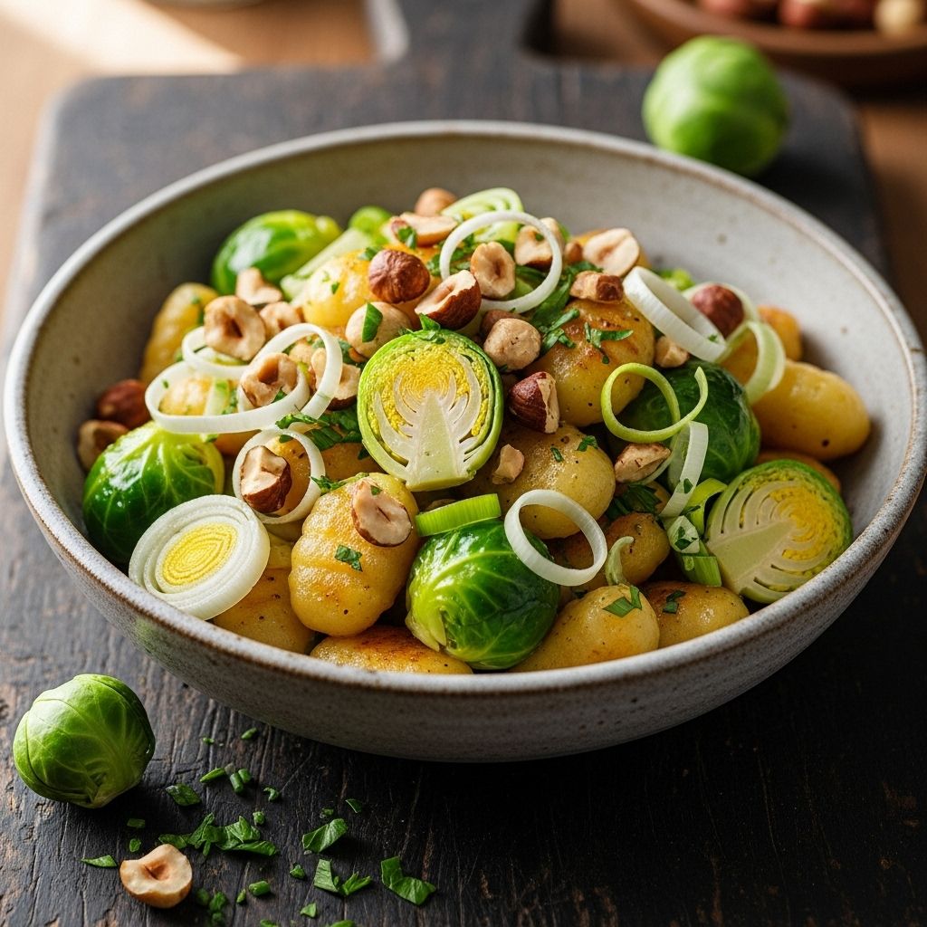 A vibrant, wholesome gnocchi dish featuring Brussels sprouts, leeks, and toasted hazelnuts—perfect for any meal, packed with flavor and nutrition.