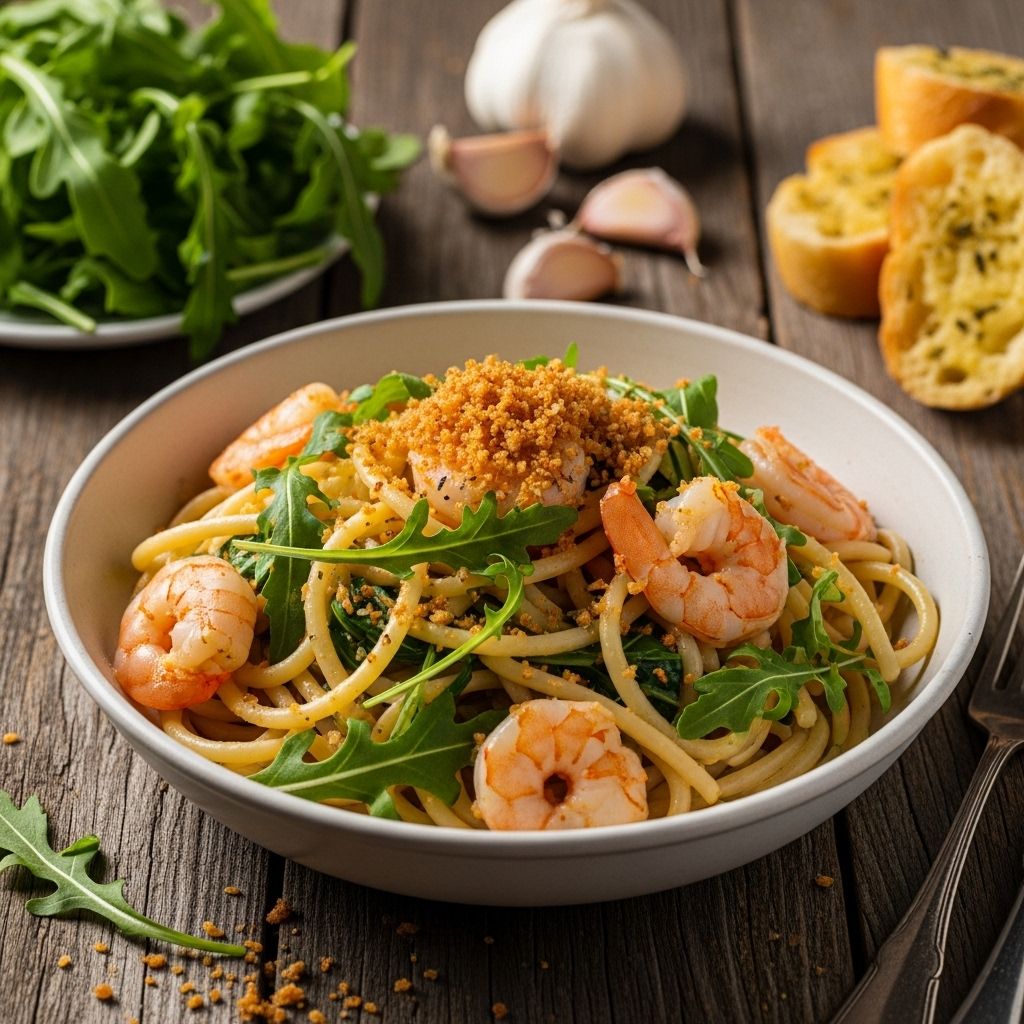 Tender noodles meet peppery greens and toasty topping in a dish brimming with texture.