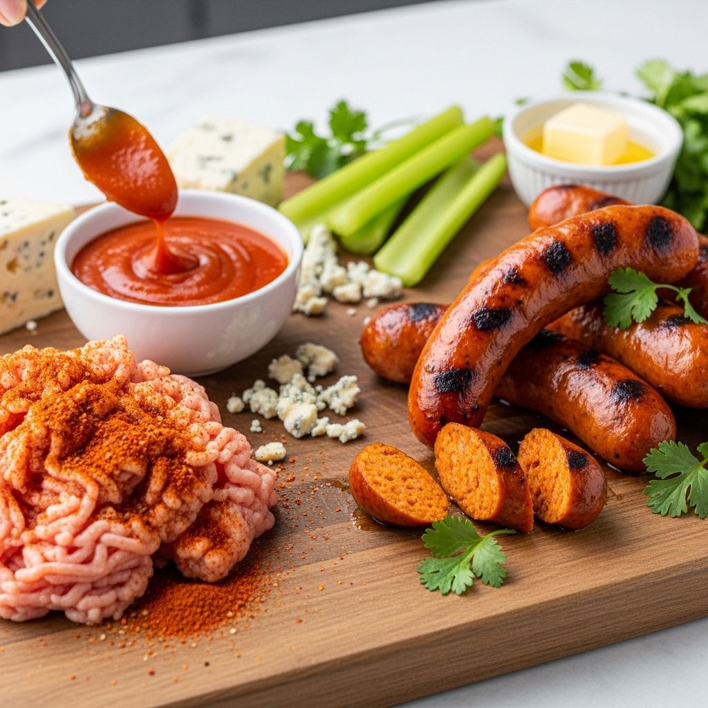 Buffalo Chicken Sausage: Homemade with Flavor, Heat, and Spirit Heat, tang, and creamy cheese unite in savory links for an unforgettable taste experience.