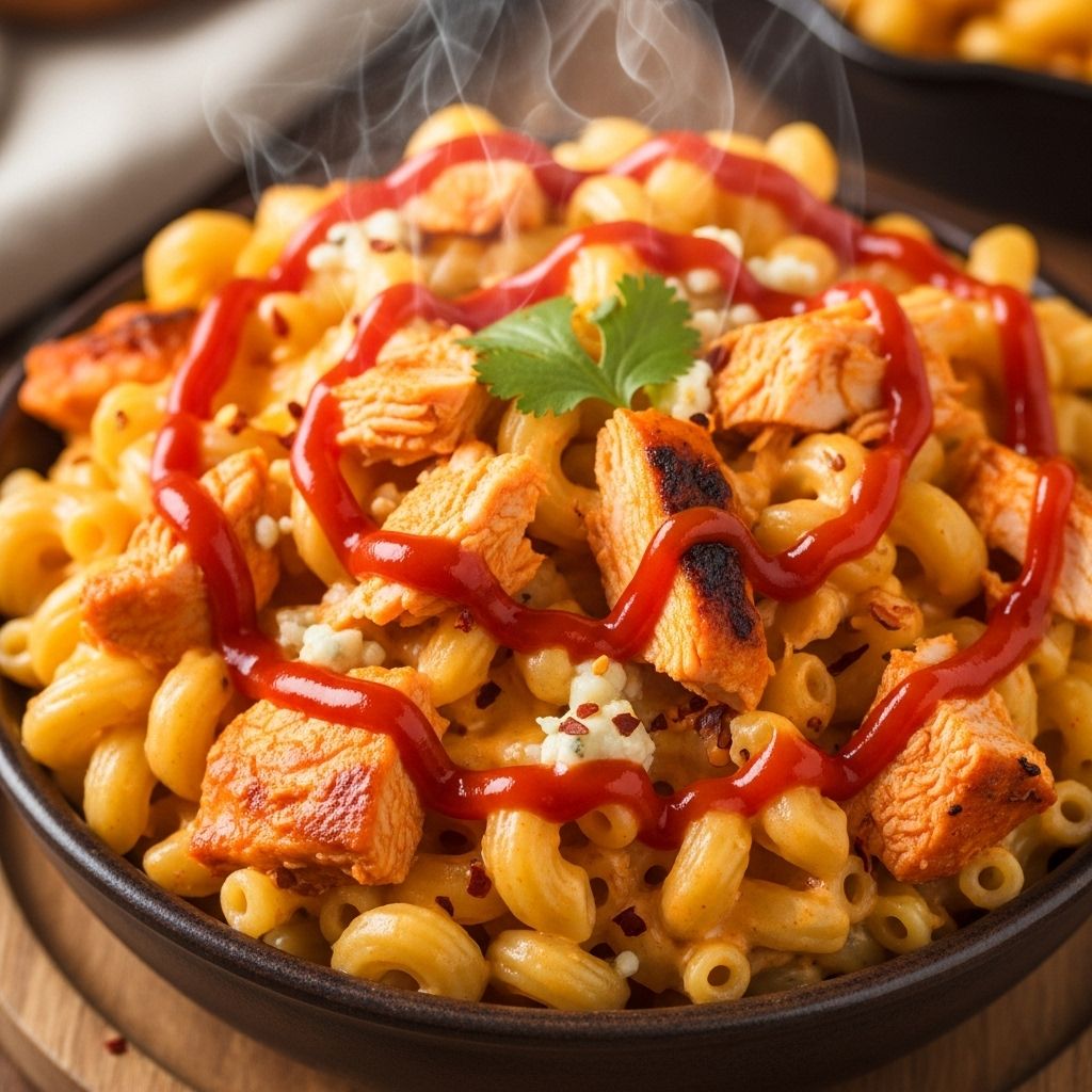 Buffalo Mac and Cheese Recipe – Creamy, Spicy Comfort Food A fiery twist on a familiar comfort dish with protein and tangy ranch flavor.