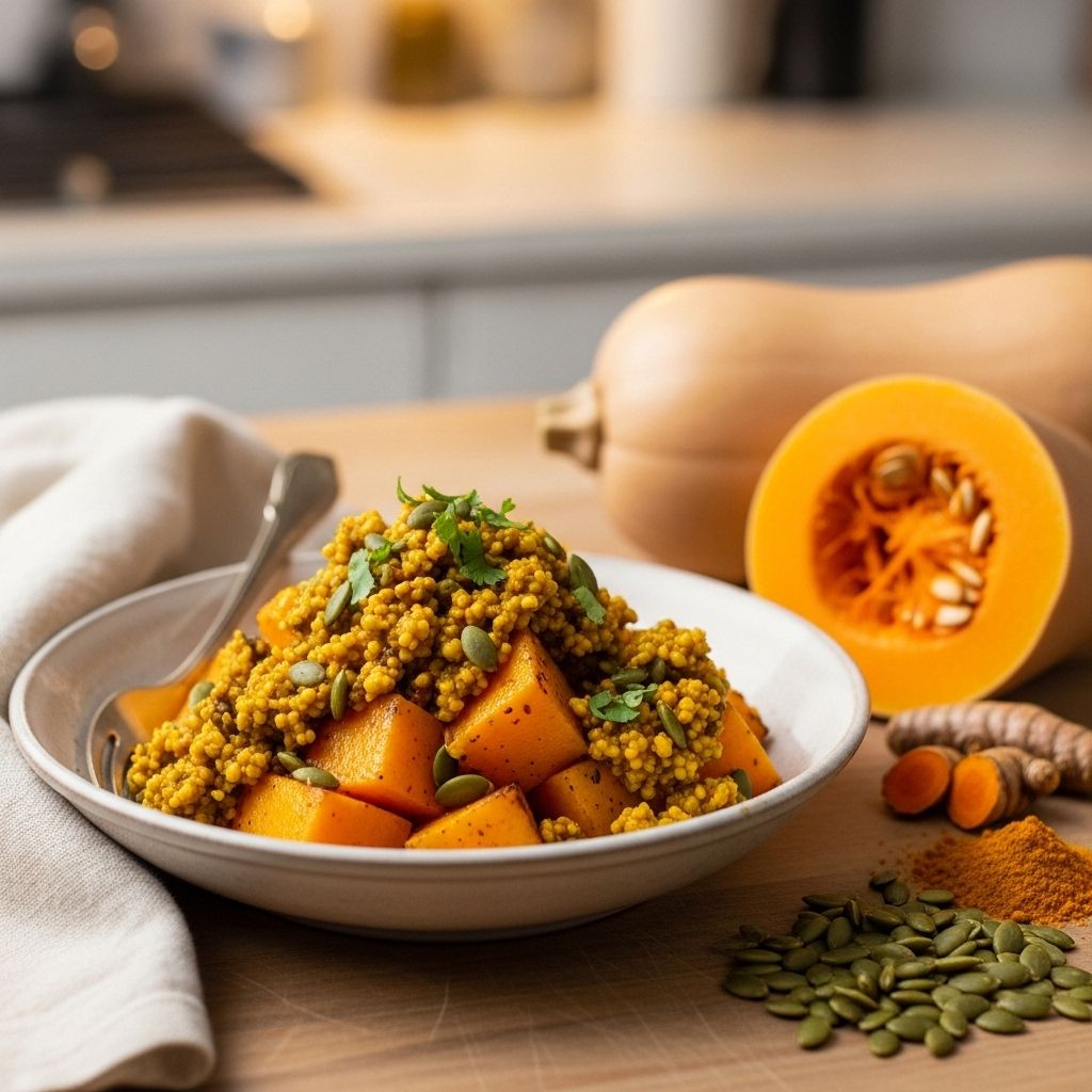 A vibrant roasted squash recipe paired with turmeric-pepita chutney for flavor, antioxidants, and wholesome nutrition.