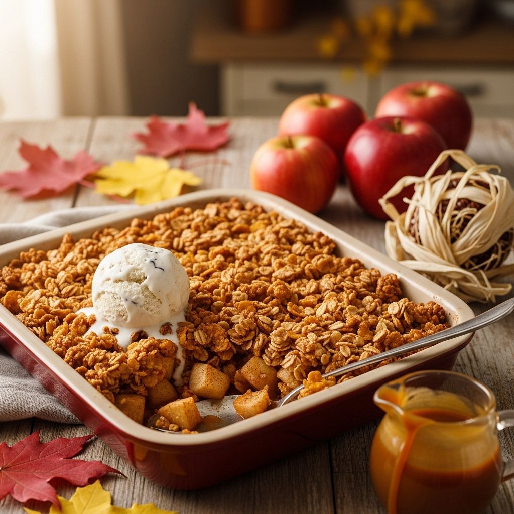 A crunchy autumn treat featuring orchard fruit topped with buttery, sweet richness.