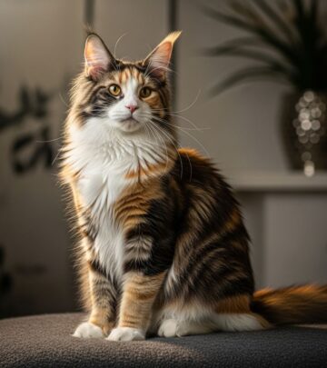 A majestic, tri-colored companion that blends playful curiosity with loyal affection.