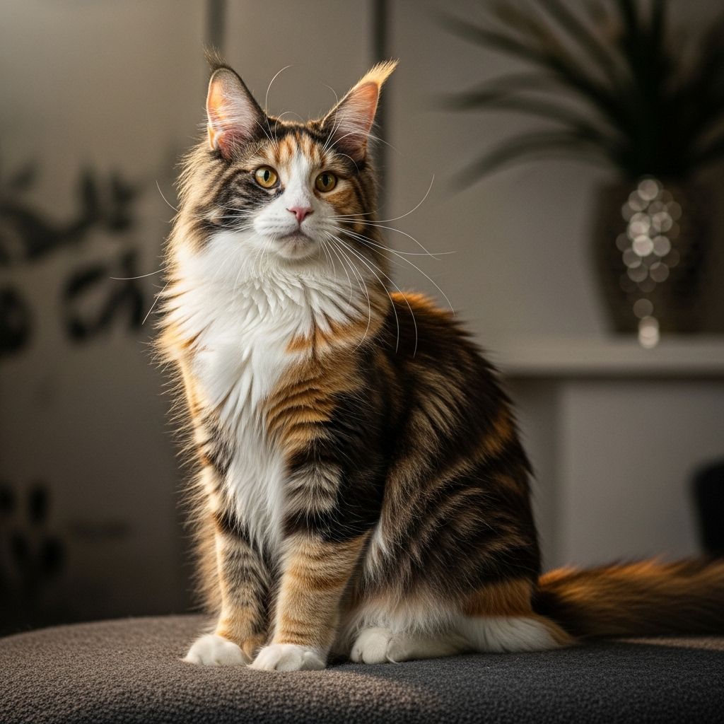 A majestic, tri-colored companion that blends playful curiosity with loyal affection.