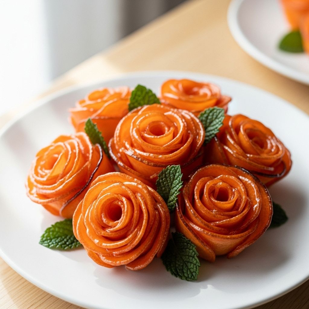 Vegetable ribbons transformed into delicate blossoms bring artful charm to any dessert.