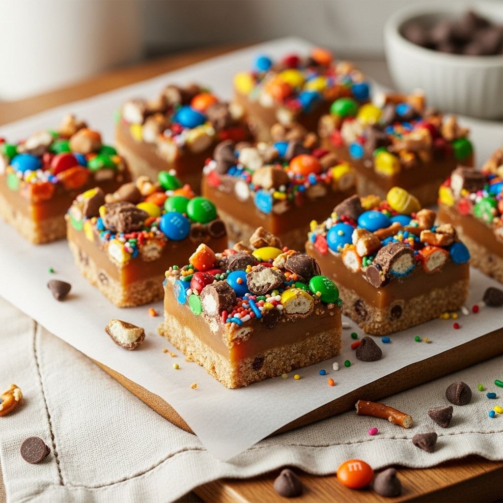 Buttery oat crust meets creamy dulce de leche and chopped candies for a perfect treat.