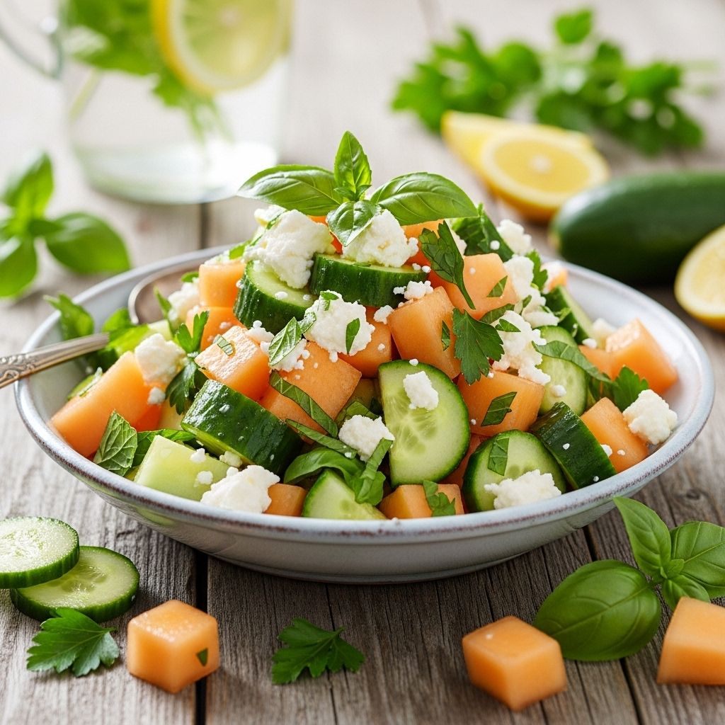 A perfect blend of sweet melon, crisp cucumber, salty feta, and aromatic herbs creates a showstopping summer salad for picnics, parties, and everyday enjoyment.