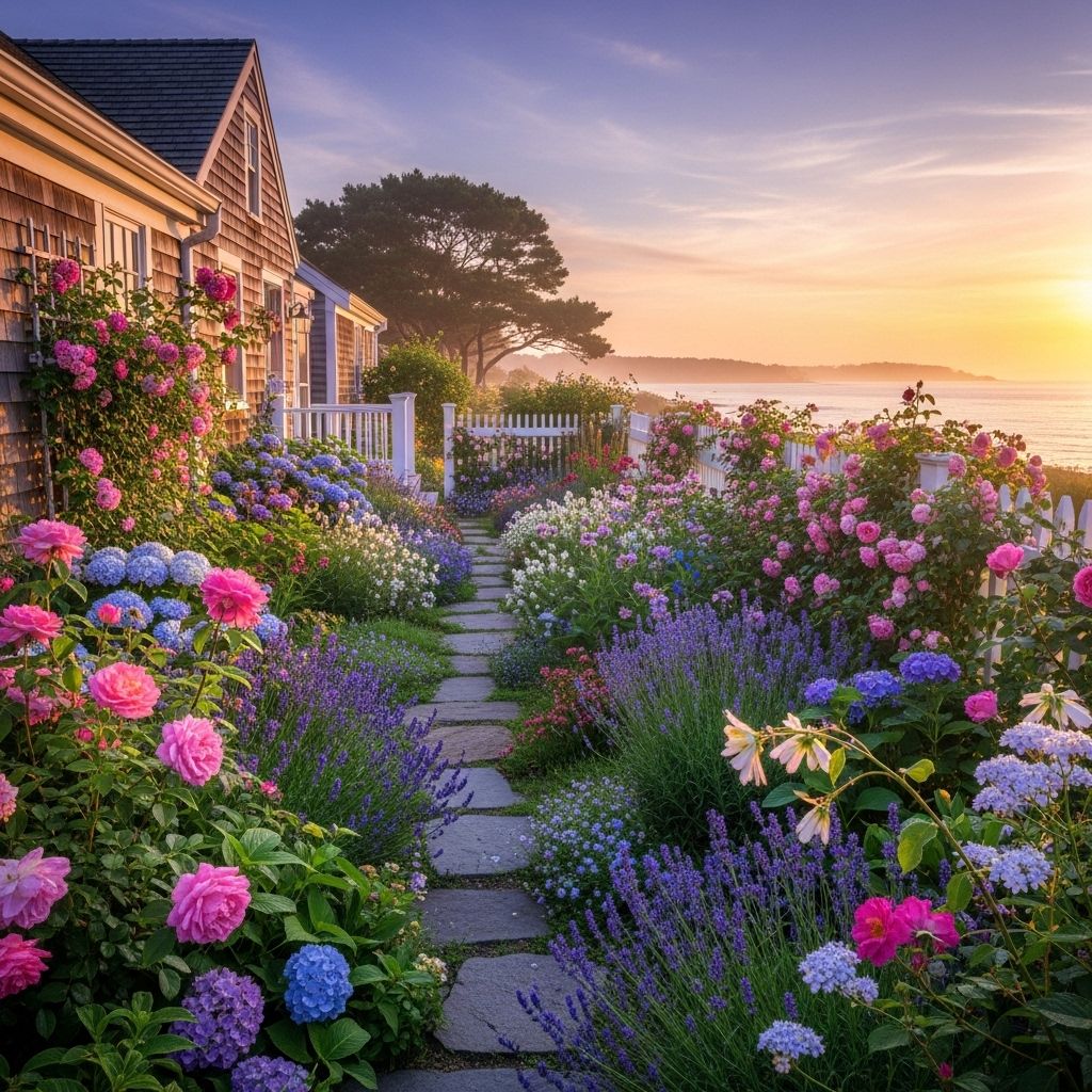 Heirloom roses and resilient natives yield wind-swept borders that charm and endure.