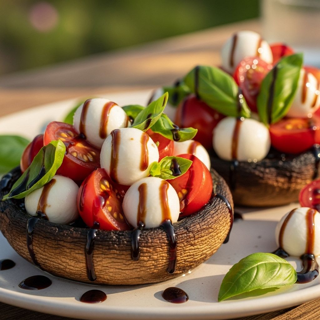 Each bite combines garlic-balsamic, juicy tomato, creamy cheese, and crisp panko topping.