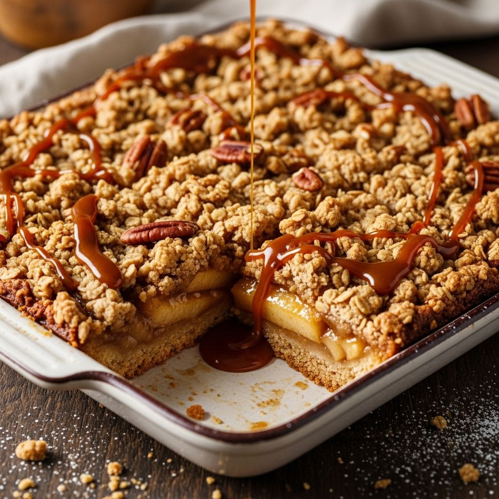 Spiced fruit and buttery oats come together under a golden drizzle for cozy fall flavor.