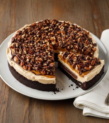 Creamy caramel and chocolate ice cream layers meet gooey sauce, crunchy toasted pecans.