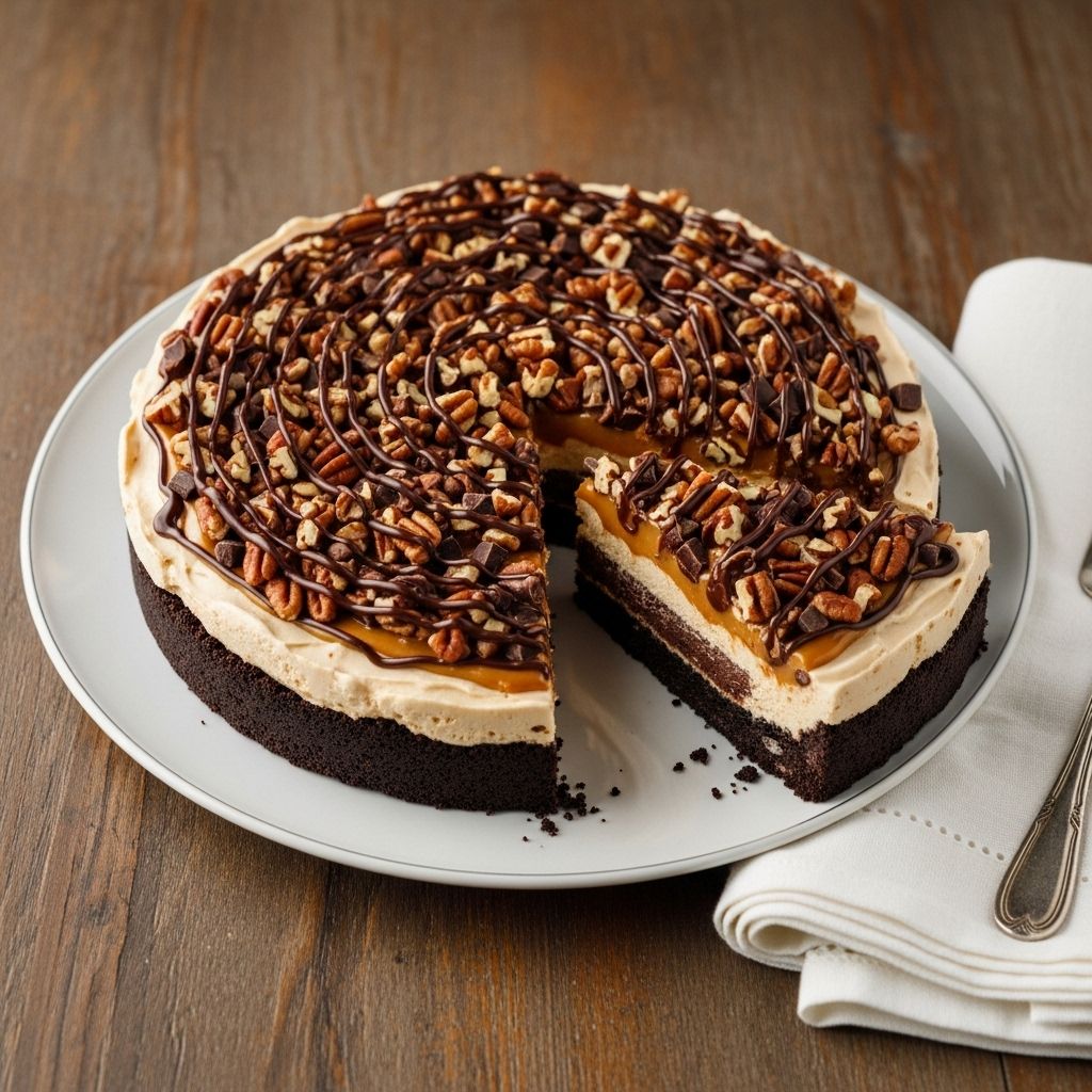 Creamy caramel and chocolate ice cream layers meet gooey sauce, crunchy toasted pecans.