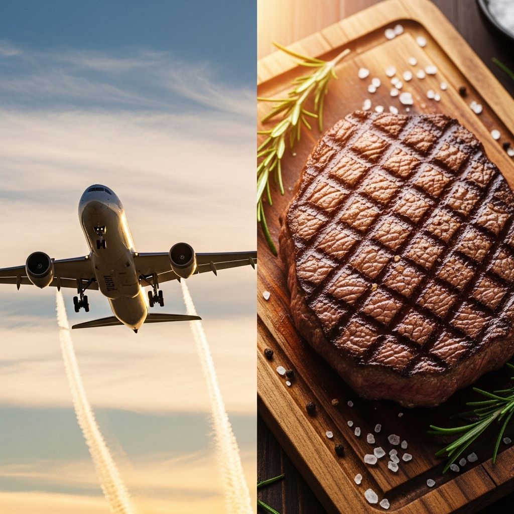 Unpacking the climate consequences of air travel and beef: A scientific comparison exploring methane, land use, and practical solutions.