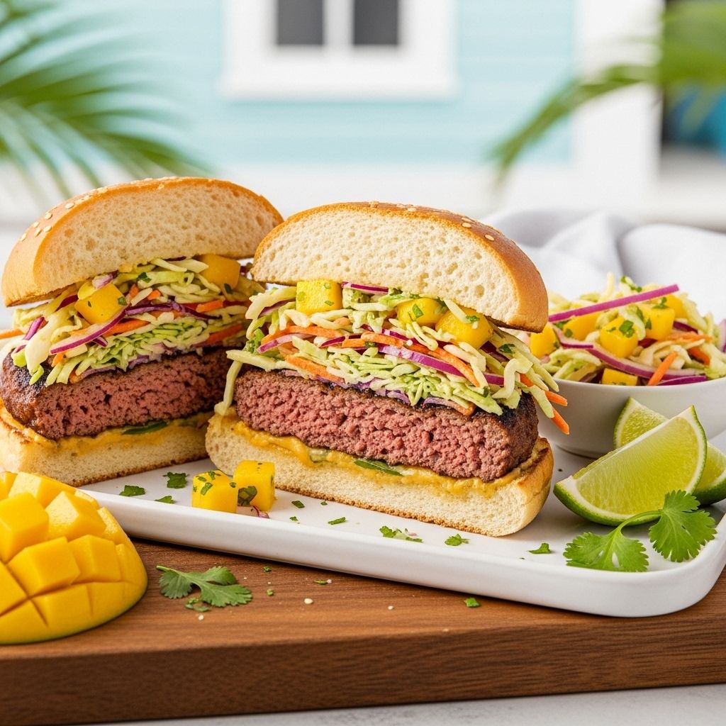 Juicy broiled patties crowned with a vibrant fruit and herb mix for an island-inspired meal.