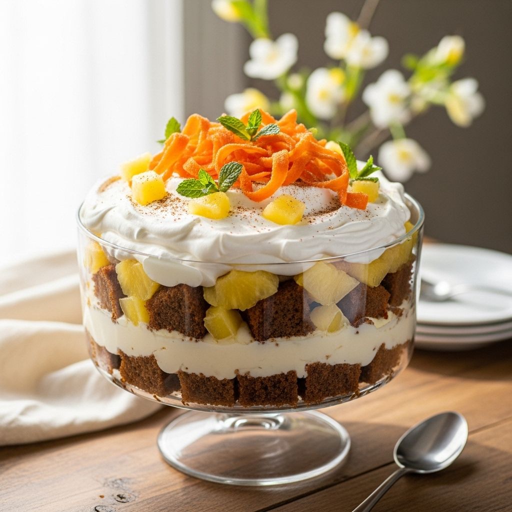 Spiced cake, creamy cheese, and vibrant pudding layers deliver a festive dessert.