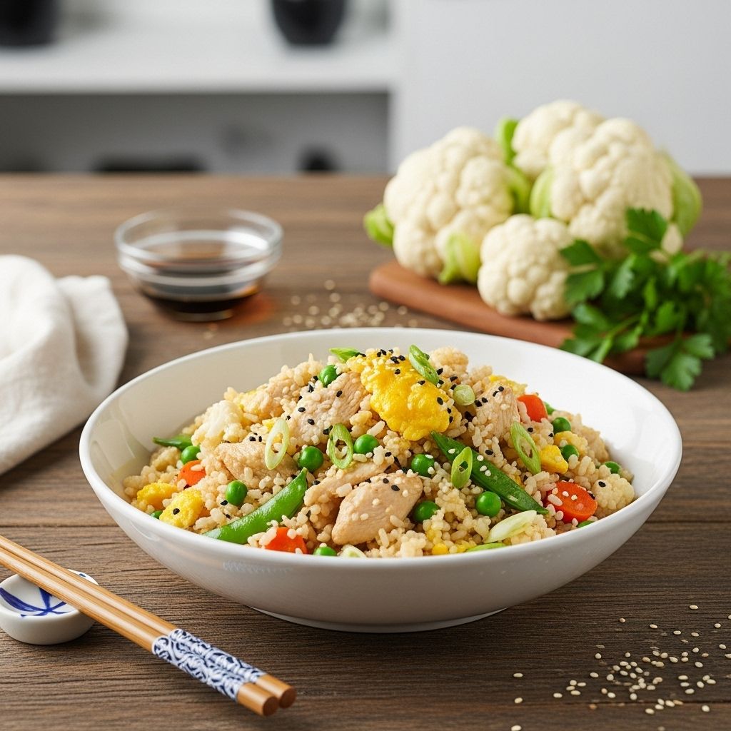 Enjoy the flavors of classic chicken fried rice with a low-carb, high-veggie twist using cauliflower rice for a healthier, delicious meal.