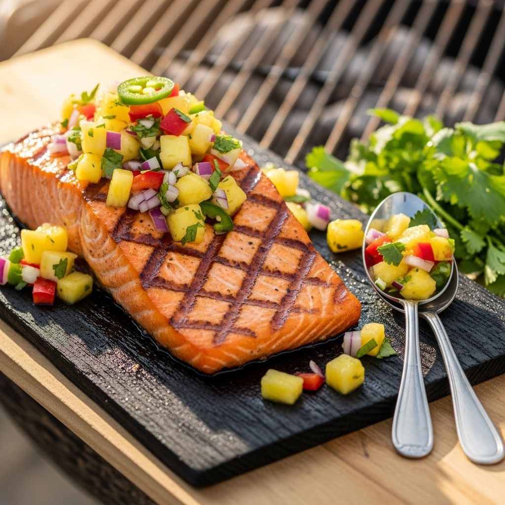 Experience smoky, sweet, and zesty flavors with perfectly grilled salmon topped with refreshing pineapple salsa, ideal for a nutritious and vibrant meal.
