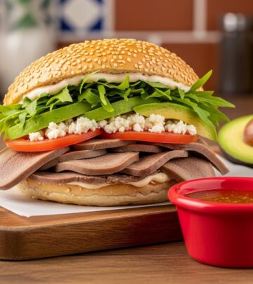 A sesame-topped roll holds layers of creamy avocado, cheese, and smoky chipotles.