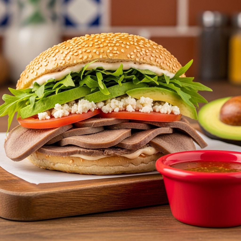 A sesame-topped roll holds layers of creamy avocado, cheese, and smoky chipotles.
