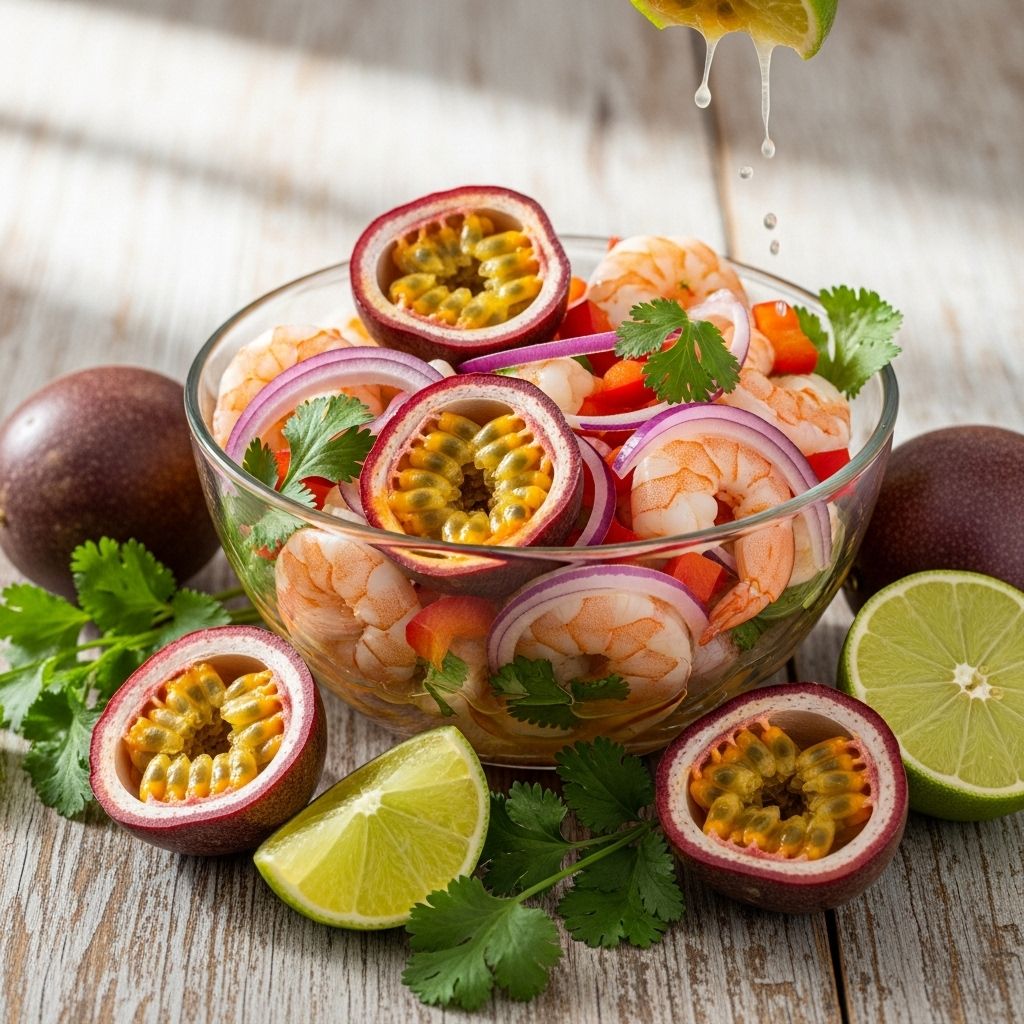 Ceviche-Style Passion Fruit Shrimp: A Bright, Flavorful No-Cook Recipe A vibrant, tropical-inspired shrimp dish bursting with citrus, herbs, and a passion fruit marinade for a healthy, quick meal.