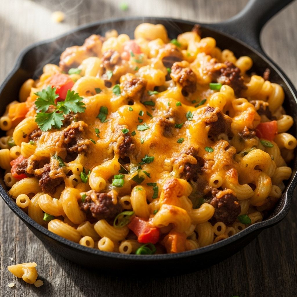 Classic burger and pasta flavors blend seamlessly for a hearty, fuss-free family favorite.