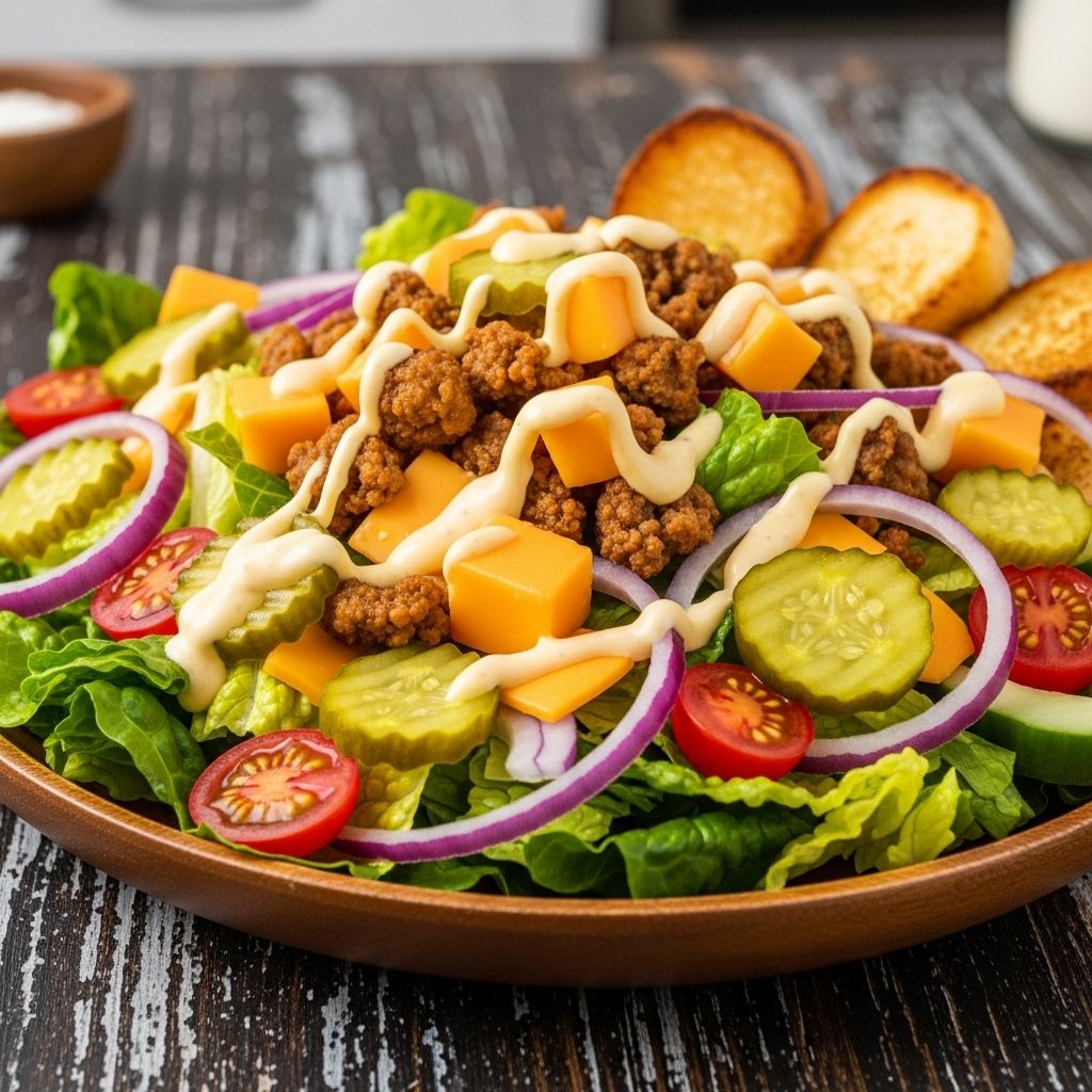 Cheeseburger Salad: A Fresh Twist on Comfort Food Savor a mix of tender patties, crisp greens, and tangy pickles in every satisfying bite.