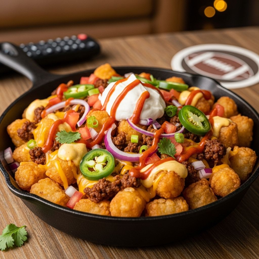 Cheeseburger Totchos: The Ultimate Burger-Inspired Snack A crispy, cheesy snack topped with savory beef and fresh fixings in every bite.