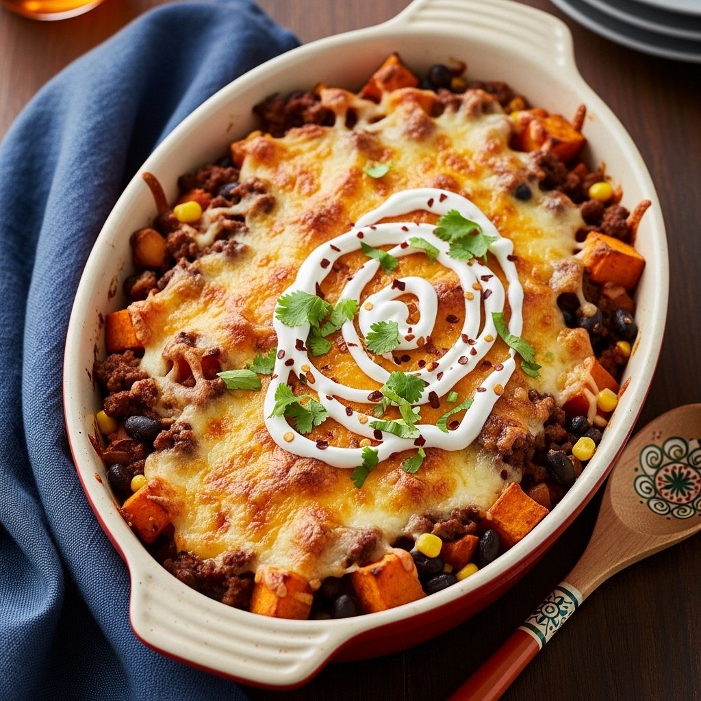 A fun, layered comfort meal featuring savory, sweet, and crunchy elements.