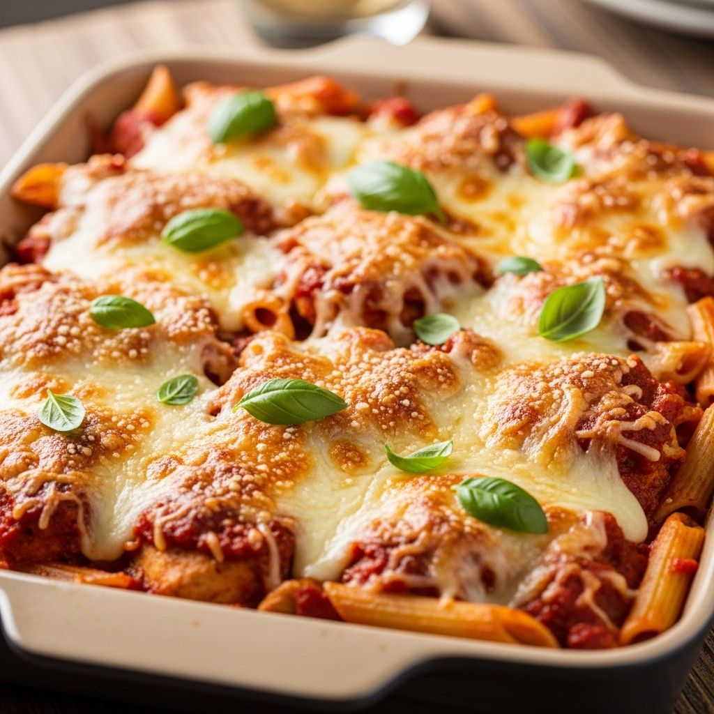 A comforting casserole of sauce, meat, and cheese beneath a golden breadcrumb crust.